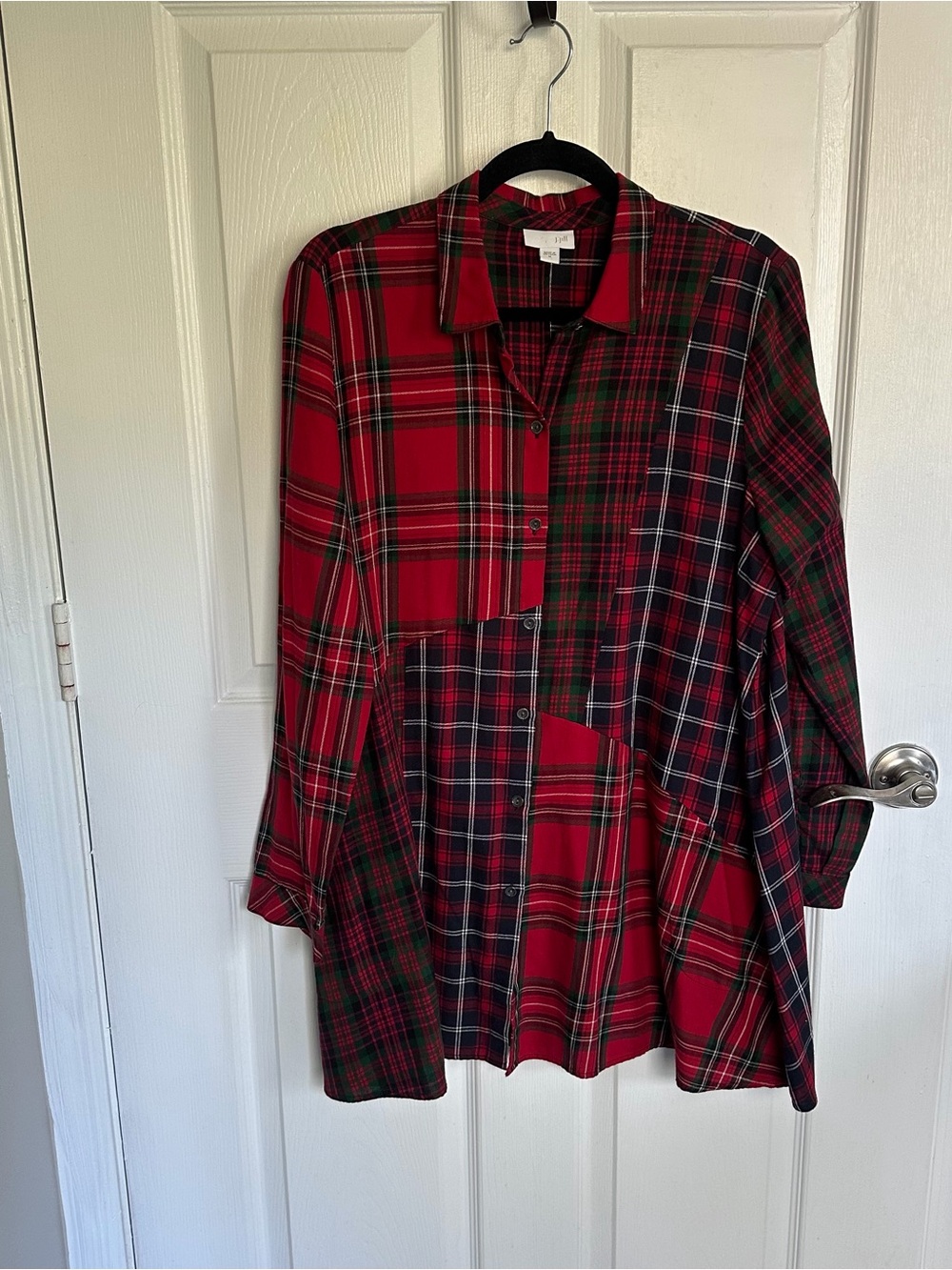 J. Jill Red and Green Plaid Patchwork Button-Down Shirt Women’s M Asymmetrical